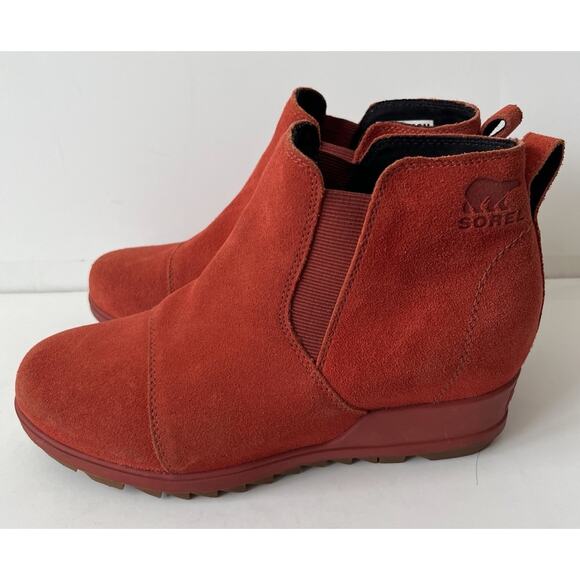 SOREL Evie Chelsea Ankle Boots Women 8.5 Orange Suede Wedge Waterproof - Picture 1 of 7